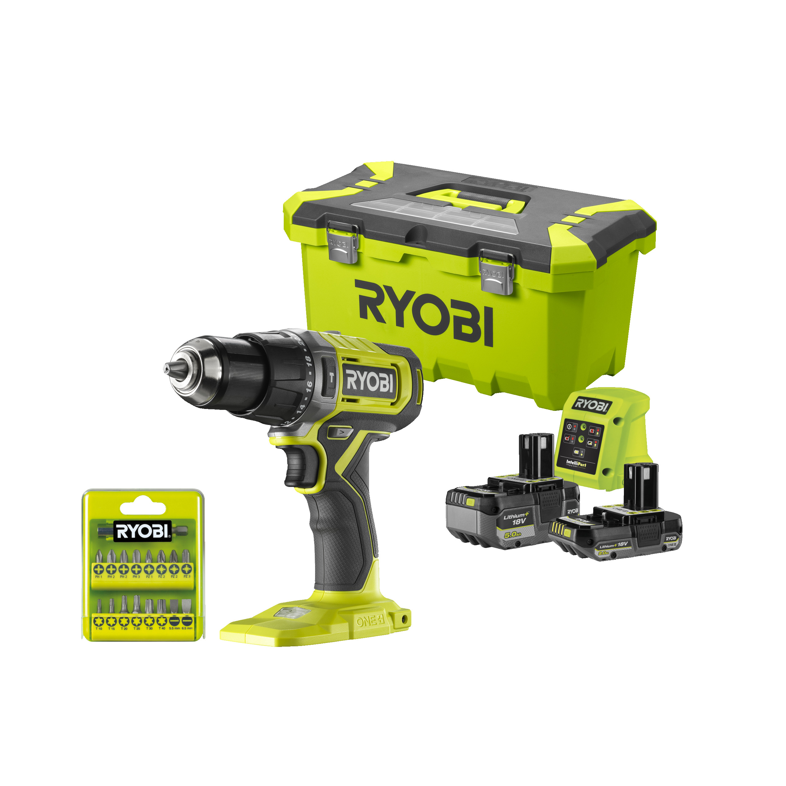 Taladro percutor 50Nm 18V ONE+™ (1x 5.0Ah y 1x 2.0Ah) + Caja de heramientas + estuche de 17 piezas para atornillar_hero_10